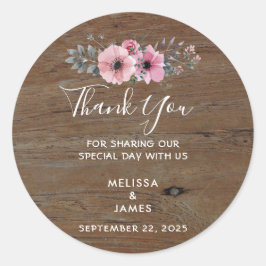 Pegatina Redonda Flores acuáticas de madera rústica Gracias boda
