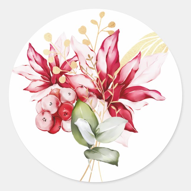 Pegatina Redonda Flores acuáticas de poinsettia roja feriado de inv (Anverso)