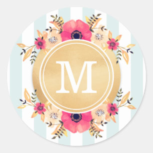 Pegatina Redonda Flores acuáticas de tiras de tinta Monograma de or