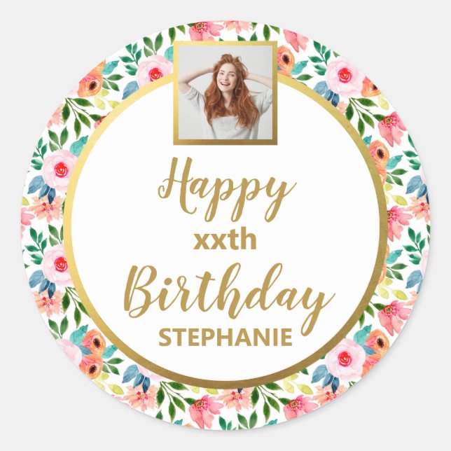 Pegatina Redonda Flores acuáticas, foto Personalizado, cumpleaños f (Anverso)