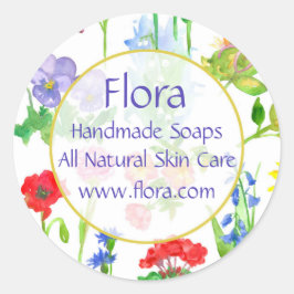 Pegatina Redonda Flores acuáticas pansy de geranio de amapola