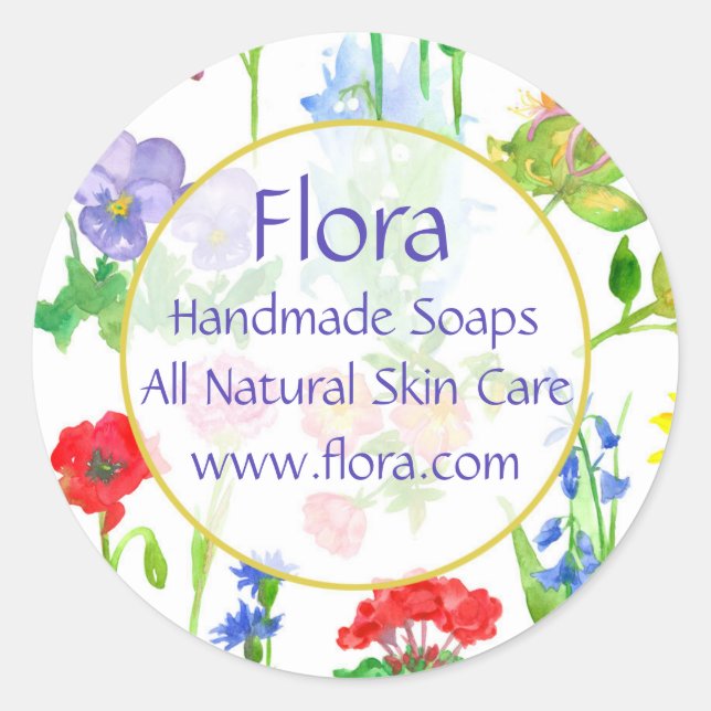 Pegatina Redonda Flores acuáticas pansy de geranio de amapola (Anverso)