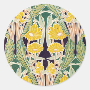 Pegatina Redonda Flores amarillas de Art Nouveau