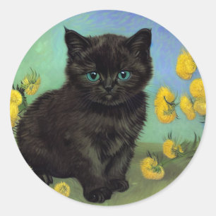 Pegatina Redonda Flores amarillas de gato negro Van Gogh