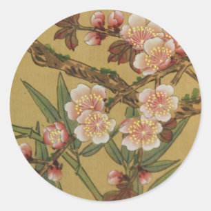 Pegatina Redonda Flores Asiáticas Japonesas de Flor de Cerezo Antig