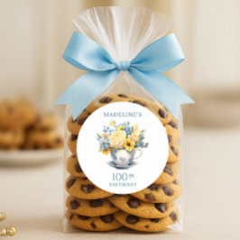 Pegatina Redonda Flores azules amarillas teacup Cumpleaños número 1