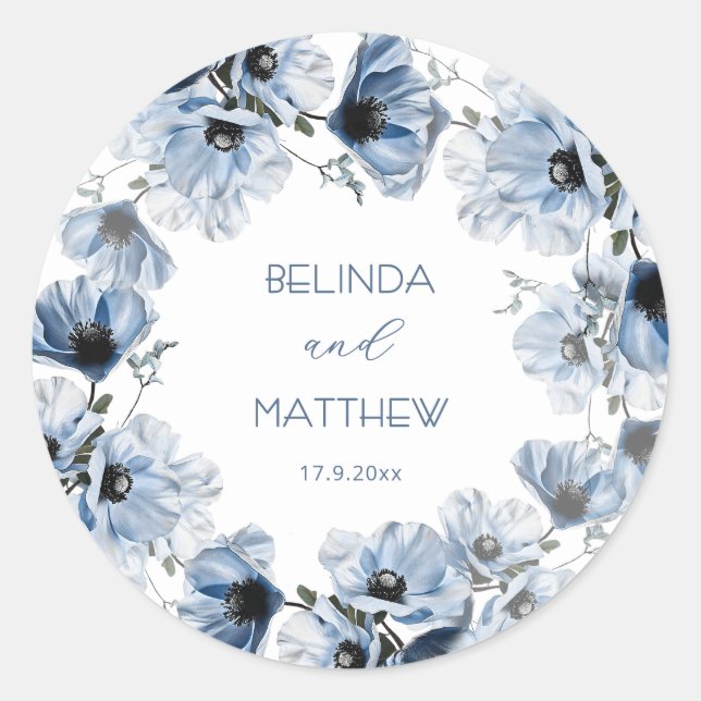 Pegatina Redonda Flores Azules Artísticas | Boda (Anverso)