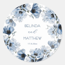 Pegatina Redonda Flores Azules Artísticas | Boda