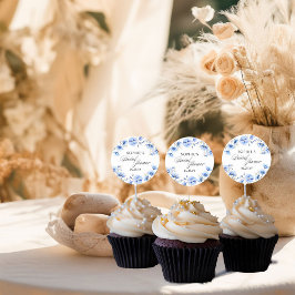 Pegatina Redonda Flores Azules Caligrafía Floral Despedida de Solte