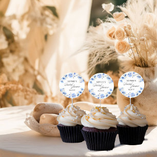 Pegatina Redonda Flores Azules Caligrafía Floral Despedida de Solte