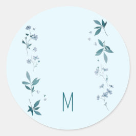 Pegatina Redonda Flores azules claras y hojas
