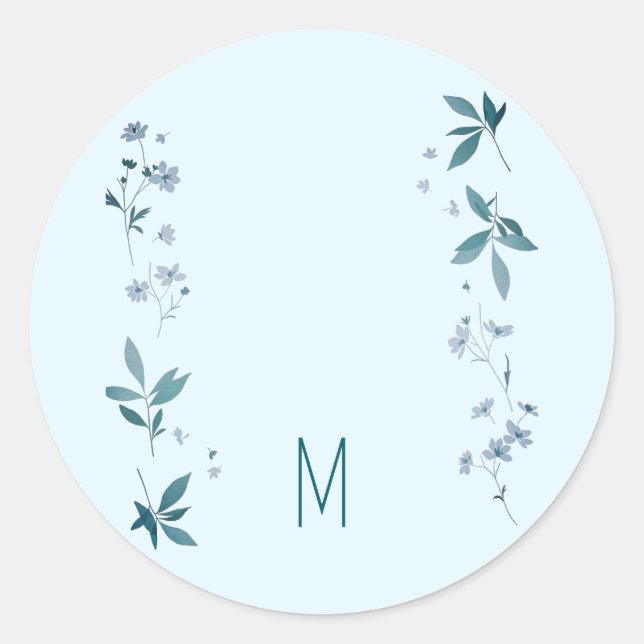 Pegatina Redonda Flores azules claras y hojas (Anverso)