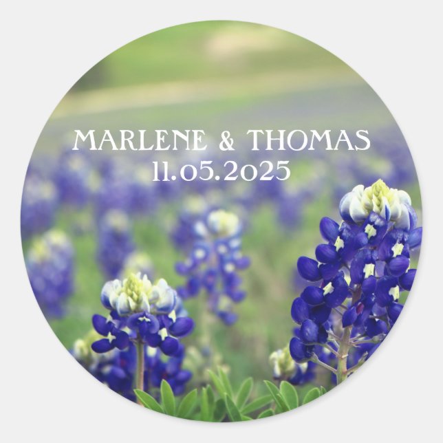 Pegatina Redonda Flores azules de Bluebonnets Boda Floral de Texas (Anverso)