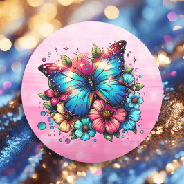 Pegatina Redonda Flores azules de mariposa y rosa