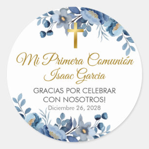 Pegatina Redonda Flores azules elegantes en la primera comunión esp