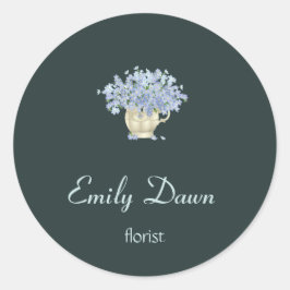 Pegatina Redonda Flores azules en un jarrón gris