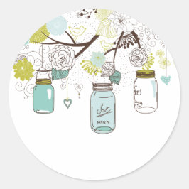 Pegatina Redonda Flores azules Mason Jars Country