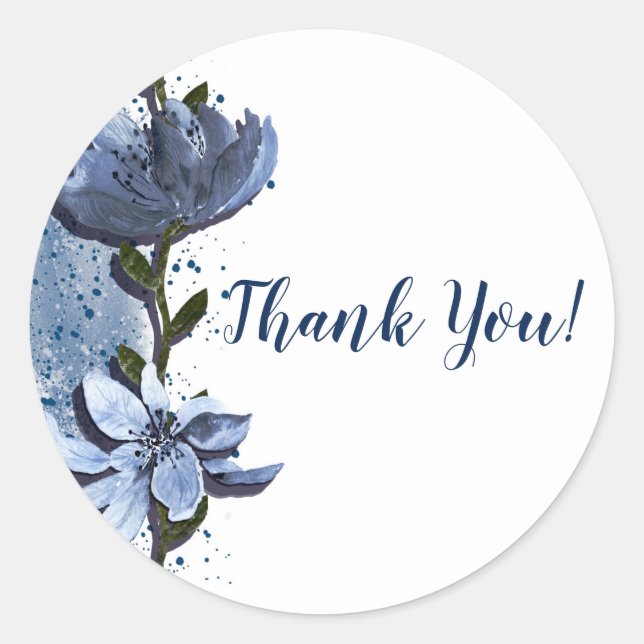 Pegatina Redonda Flores Azules Modernas Bodas Florales de Acuarela (Anverso)