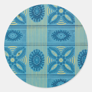 Pegatina Redonda Flores azules rayas amarillas de arte vintage Patr