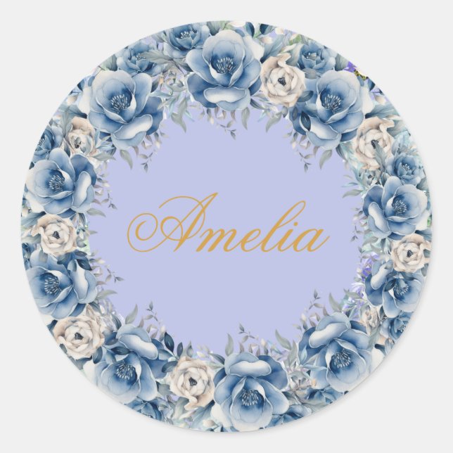 Pegatina Redonda Flores azules y nombre de Pastel (Anverso)