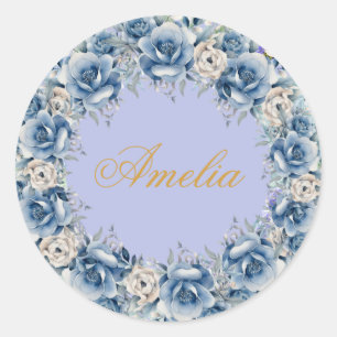 Pegatina Redonda Flores azules y nombre de Pastel