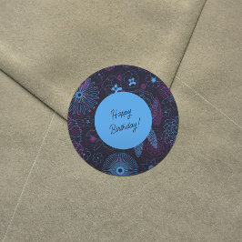 Pegatina Redonda Flores azules y púrpura Patrón de esquema elegante