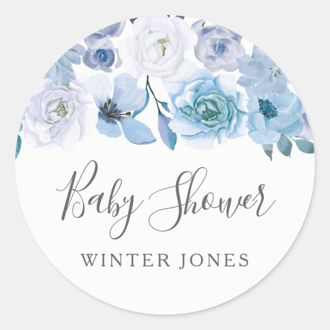 Pegatina Redonda Flores blancas azules a favor de Baby Shower de ni (Anverso)
