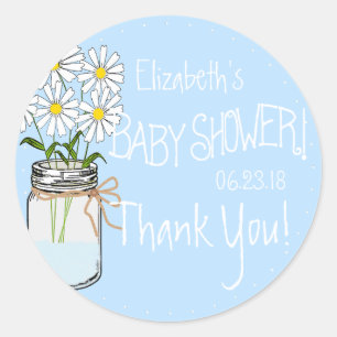 Pegatina Redonda Flores blancas Mason Jar Blue Baby Shower Gracias