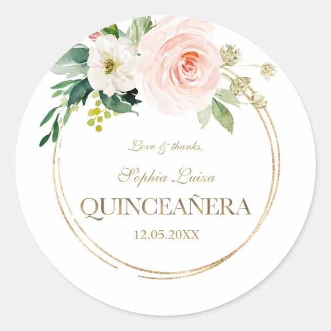 Pegatina Redonda Flores blancas rosas de lujo Gold Quinceañera (Anverso)