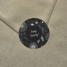 Pegatina Redonda Flores blancas y grises Patrón de contorno elegant