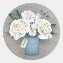 Flores blancas y mason azul turquesa pintadas