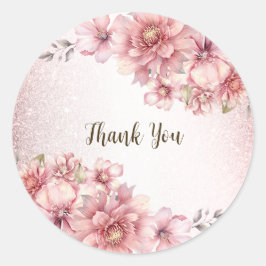 Pegatina Redonda Flores color de agua rosada fiesta Purpurina brill