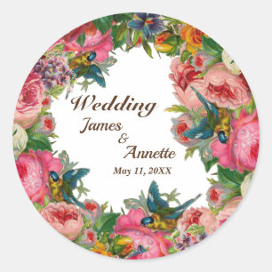 Pegatina Redonda Flores color de agua rosado rojo