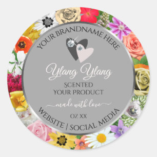 Pegatina Redonda Flores coloridas Marco Gris Etiquetas de producto 