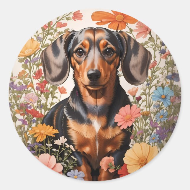 Pegatina Redonda Flores Cute Brown Dachshund Y Cosmos (Anverso)