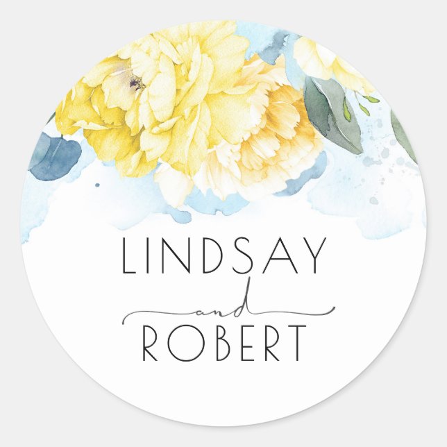 Pegatina Redonda Flores de acuarela amarilla de elegante inspiració (Anverso)