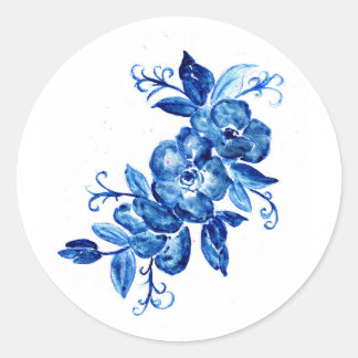 Pegatina Redonda Flores de acuarela azul