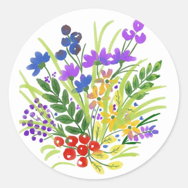 Pegatina Redonda Flores de acuarela azules púrpuras amarillas Framb (Anverso)