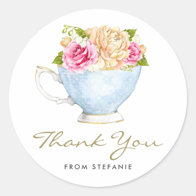 Pegatina Redonda Flores de Acuarela en Taza de Té Agradecimiento Fi (Anverso)