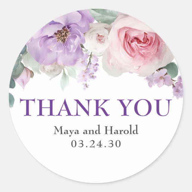 Pegatina Redonda Flores de acuarela púrpura y rosa Gracias (Anverso)