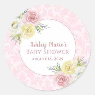 Pegatina Redonda Flores de Acuarela Rosa Personalizables Baby Showe