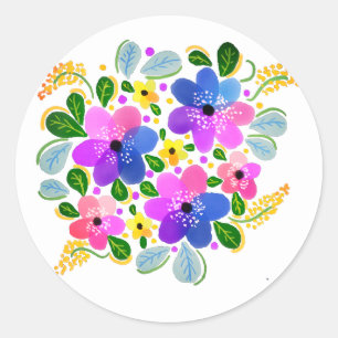Pegatina Redonda Flores de acuarela rosa púrpura azul 