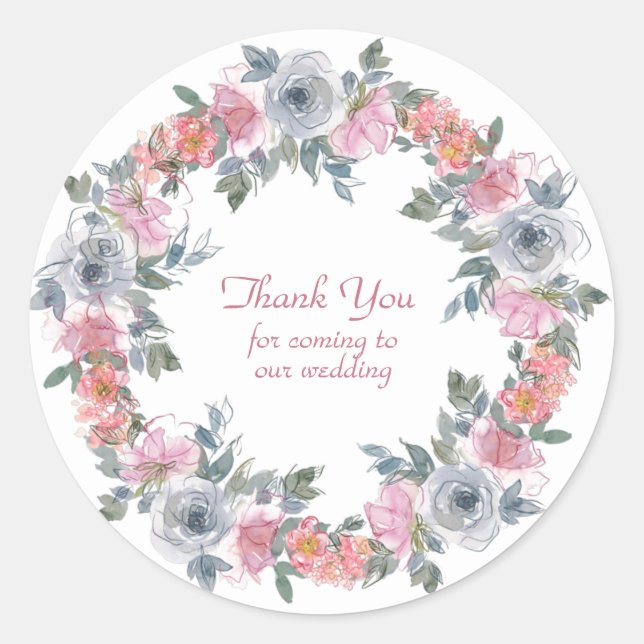 Pegatina Redonda Flores de acuarela rosa y azul gracias a Clásico (Anverso)