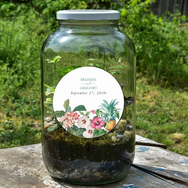 Pegatina Redonda Flores de acuarela tropical y Boda de vegetación (Tropical Watercolor Flowers & Greenery Wedding Classic Round Sticker)