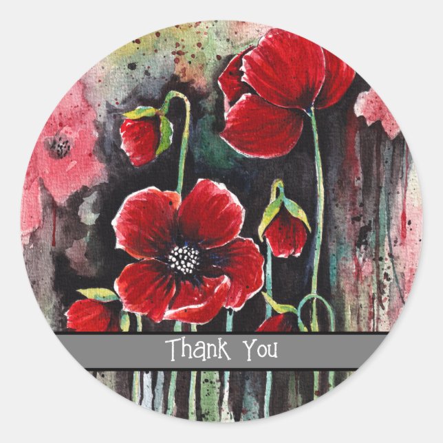 Pegatina Redonda Flores De Adormidera En Acuarela (Anverso)