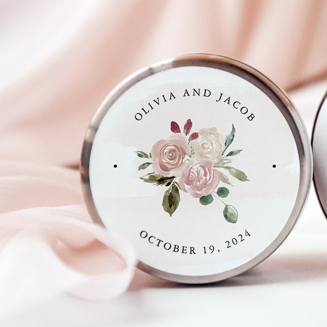 Pegatina Redonda Flores de agua neutra Boho simples | BODA (A boho, floral sticker in neutral colors with a white and blush pink background)