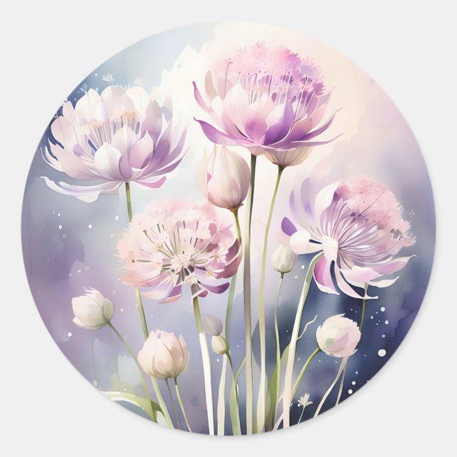 Pegatina Redonda Flores de alio blandas en acuarela pastel (Anverso)