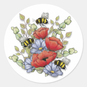 Pegatina Redonda Flores de amapola y dibujo digital de abejas, botá