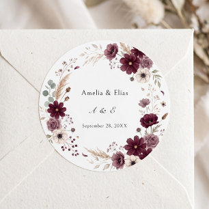 Pegatina Redonda Flores de Anémona de Boda Cream Burgundy