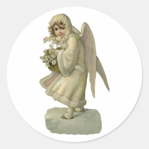 Pegatina Redonda Flores de ángel de Navidad vintage, recorte victor